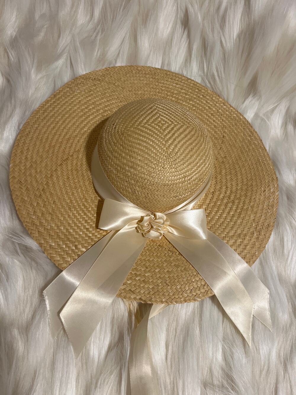 Vintage Colonial Williamsburg Straw Sun Hat Wide Brim Ivory Ribbon Cottagecore